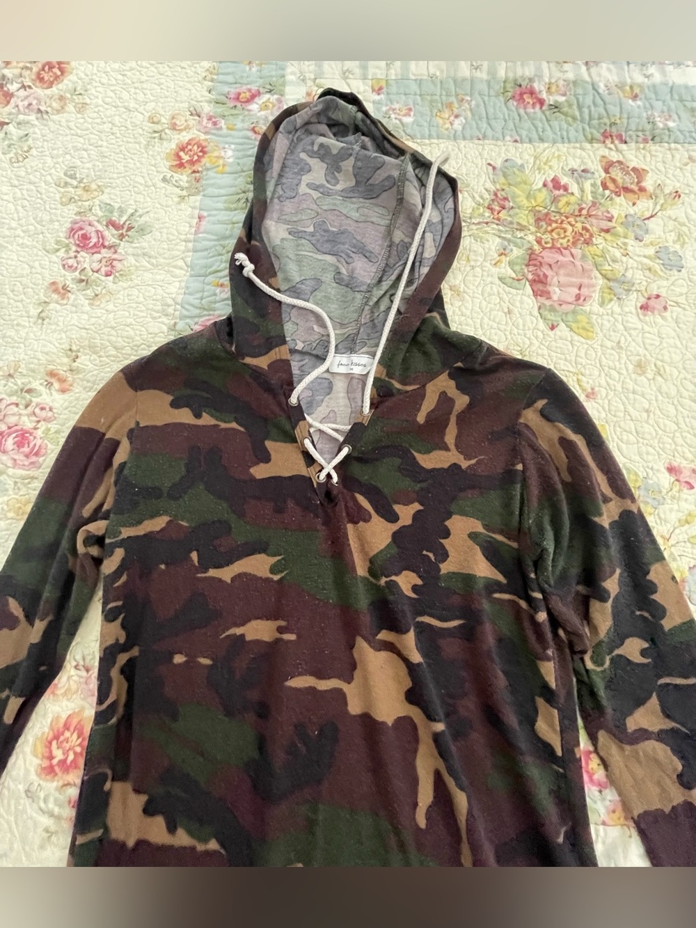 Free Kisses Camo Hooded Long Sleeve Top in Brown Green Black